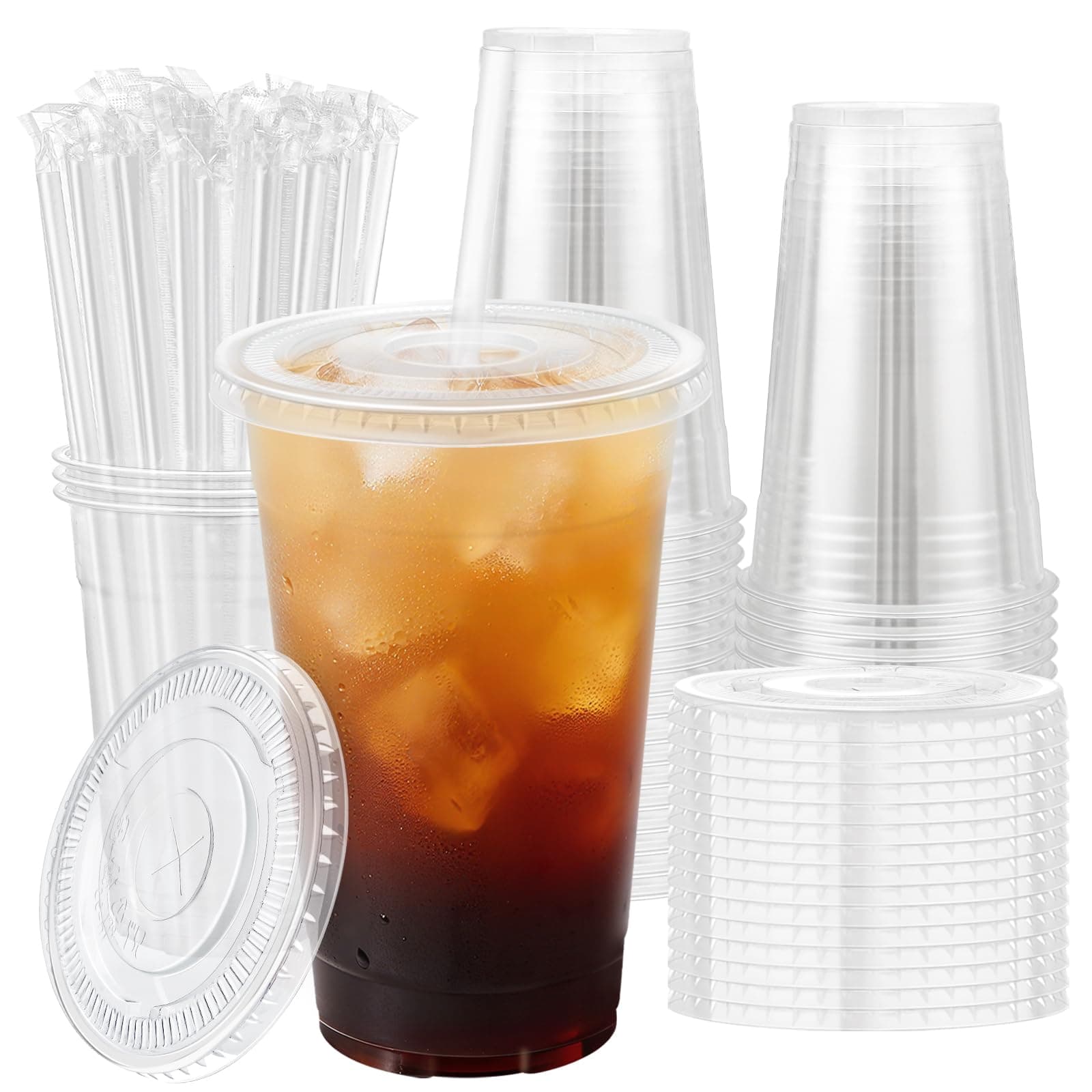 Lamosi 50 Pack 20 oz Clear Plastic Cups with Lids and Straws, Disposable Plastic Coffee Cups with Lids for Iced Coffee, Cold Beverages, Smoothies and To-Go Drinks
