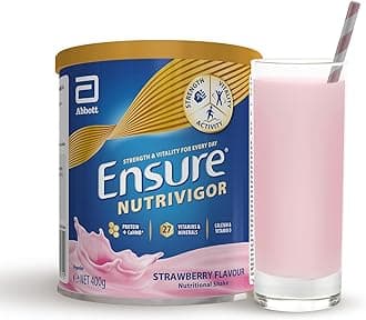 – Ensure NutriVigor Nutritional Shake – Strawberry Flavour – 400g – Food Supplement with Protein, HMB & 27 Vitamins & Minerals – Supports Strength, Energy & Immunity – With Vitamin D, C & B