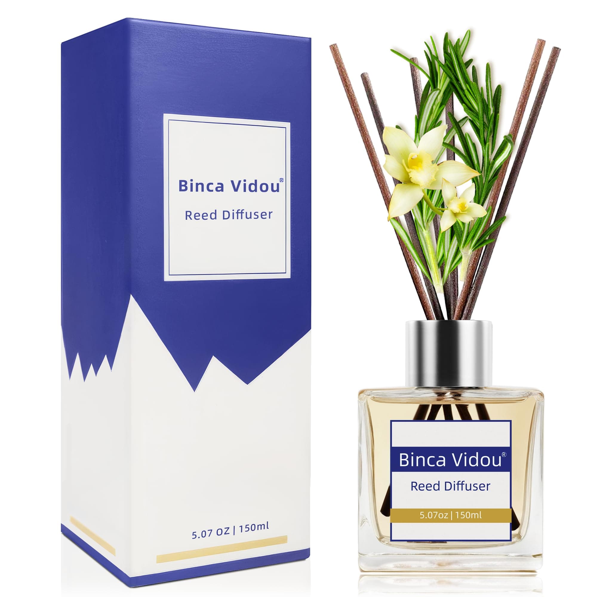 Binca Vidou Reed Diffuser Set, Bergamot Vanilla Lavender and Jasmine Scented Oil Reed Diffuser for Bedroom, Living Room Office, Gift & Stress Relief, 150ml/5oz