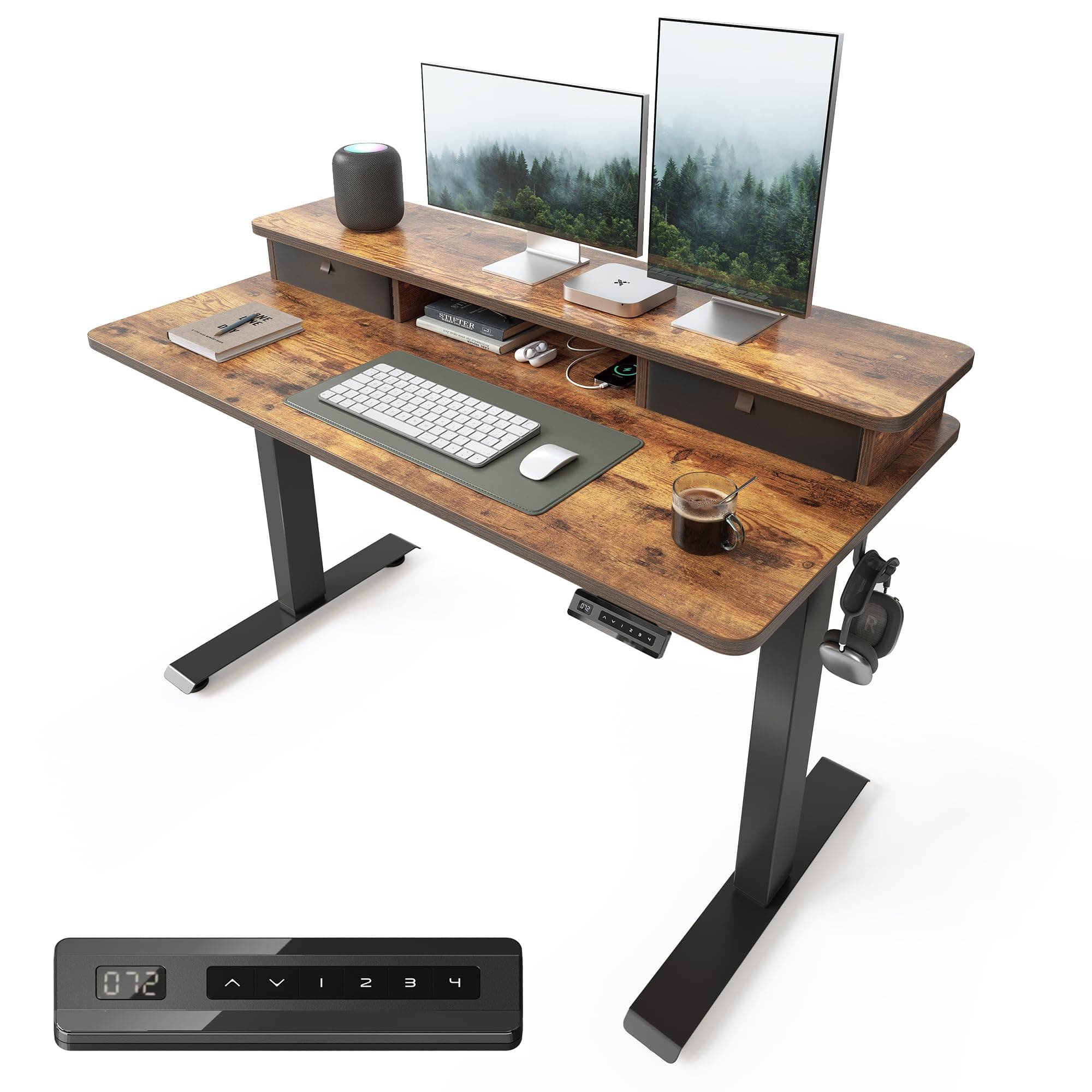 Height Adjustable Electric Standing Desk with Double Drawer, 120 * 60cm Stand Up Table with Storage Shelf, Sit Stand Desk with Splice Board, Black Frame/Rustic Brown Top