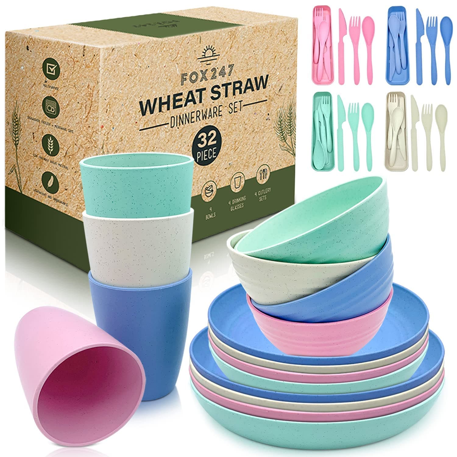Fox247 Unbreakable Plate and Bowl Set | Wheatstraw Dinnerware Set | Plate Bowl and Cup Set | Camping Dinnerware | RV Plate Cup and Bowl Set | Plate and Bowl Set For 8 | Dishware Set Kids | 32 PCS