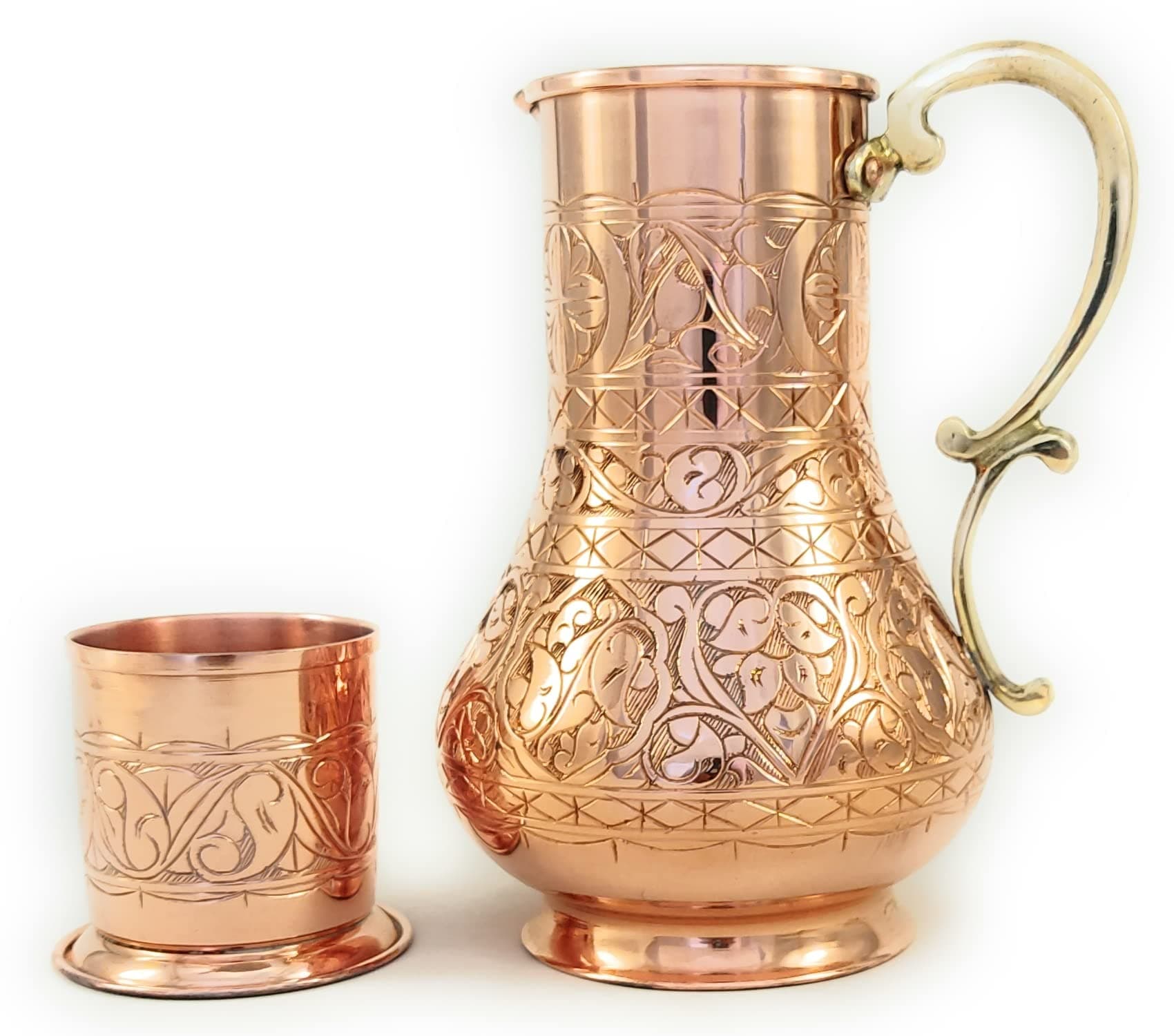 KS Series - Copper Pitcher (45 oz) and Cup (7.7 oz) Set, Moscow Mule Water Jug, Ice Tea and Juice Beverage, Desktop/Bedside Night Water Carafe, Ayurvedic Decanter (Engraved)