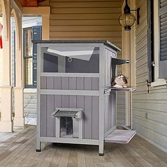 Aivituvin Wooden Feral Cat House 2 Storey Windproof Cat House with Transparent Windows Openable Side Weatherproof Eaves Kitten Shelter