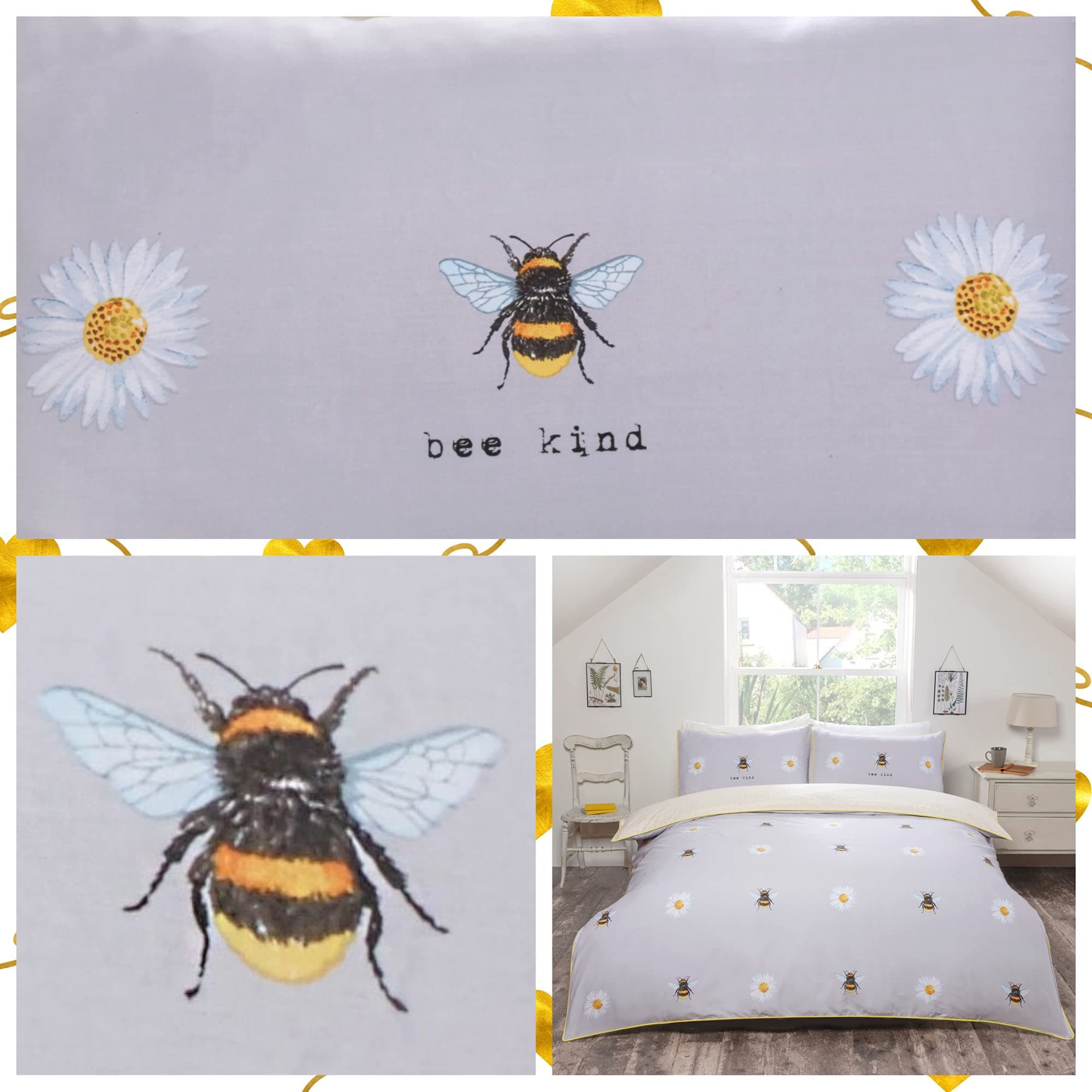 DOUBLE SIZE - BEE KIND - DAISY - BEES - DUVET COVER SET