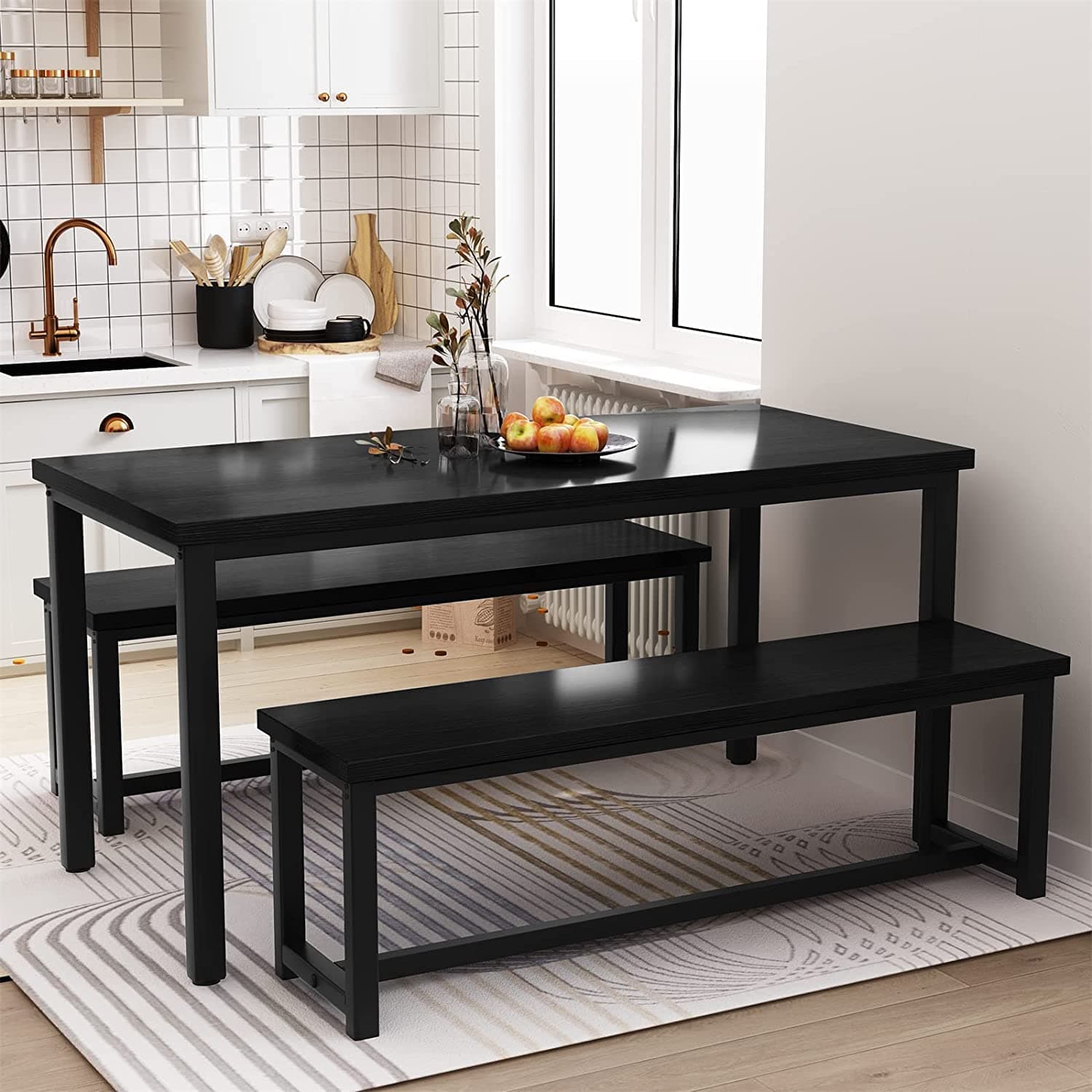 Dining Room Table Set with 2 Benches, Farmhouse Dining Table Set for 4-6, Wood Breakfast Table Set Dinner Table Set Kitchen Table and Chairs for Breakfast Nook Small Spaces, Black