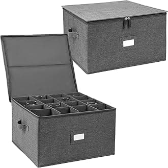 popoly Stemware Storage Cases 2 Pack, Wine Glass Storage Box Containers with Dividers for Glassware or Crystal, Holds 32 Red or White Wine Glasses, Hard Top and Stackable (Grey)