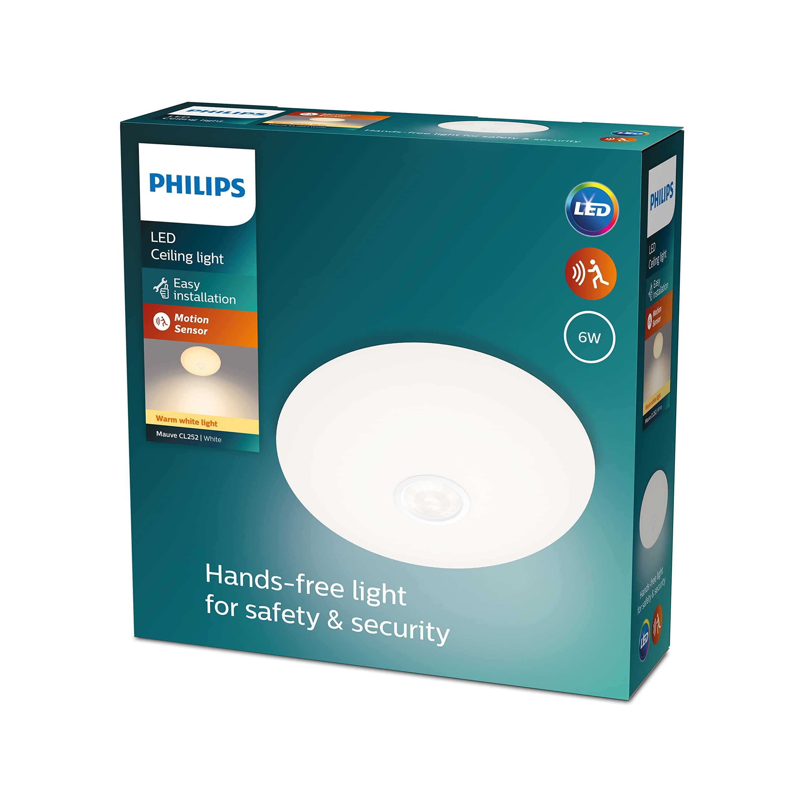 PHILIPS LED Mauve Ceiling Light with Motion Sensor 6W 2700K [Warm White - White] for Home Indoor Lighting, Livingroom, Bedroom and Dining