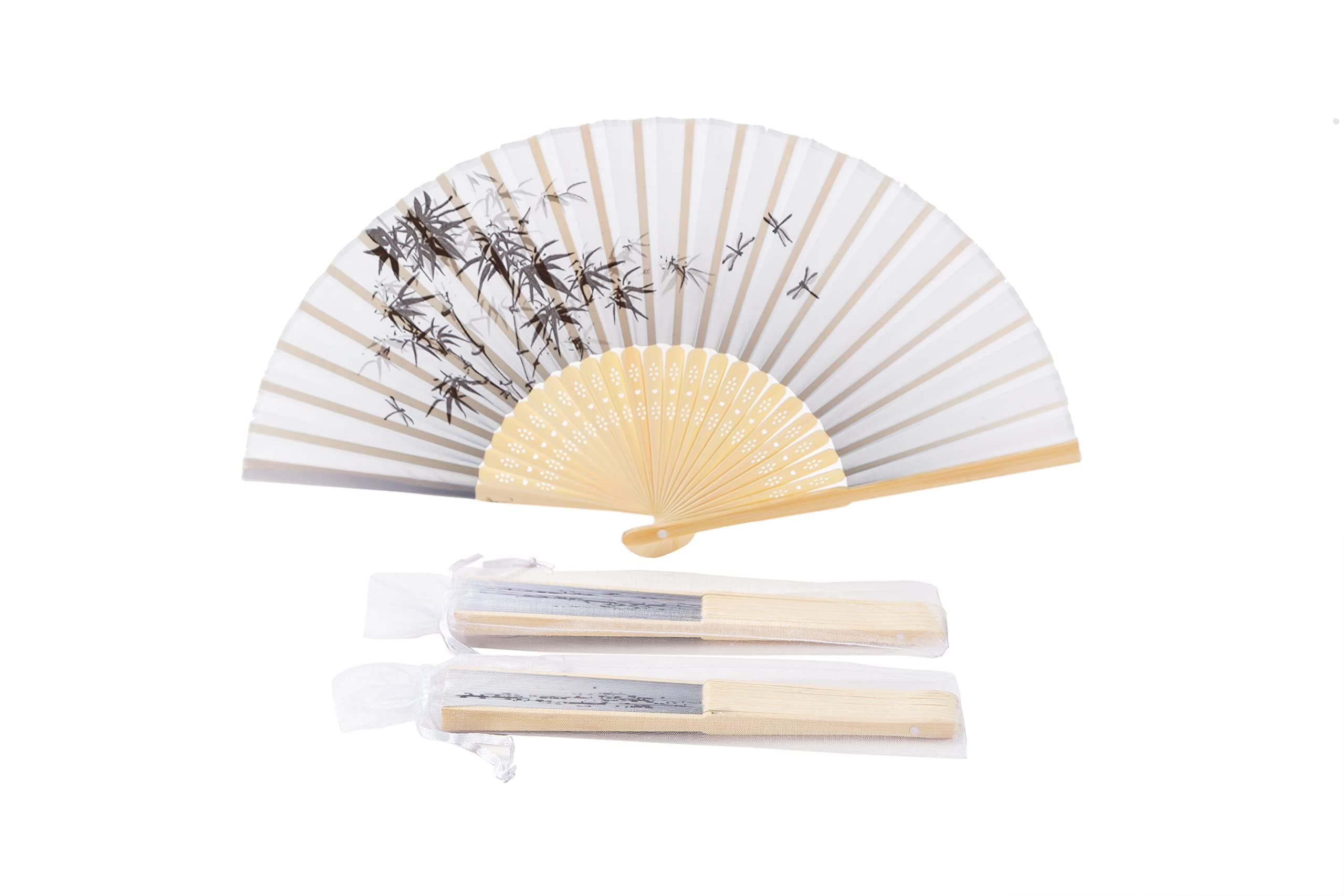 Sepwedd 50pcs Gray and White Gradual Bamboo Pattern Imitated Silk Fabric Bamboo Folded Chinese Hand Fan Bridal Dancing Props Church Wedding Gift Party Favors with Gift Bags(Q64)