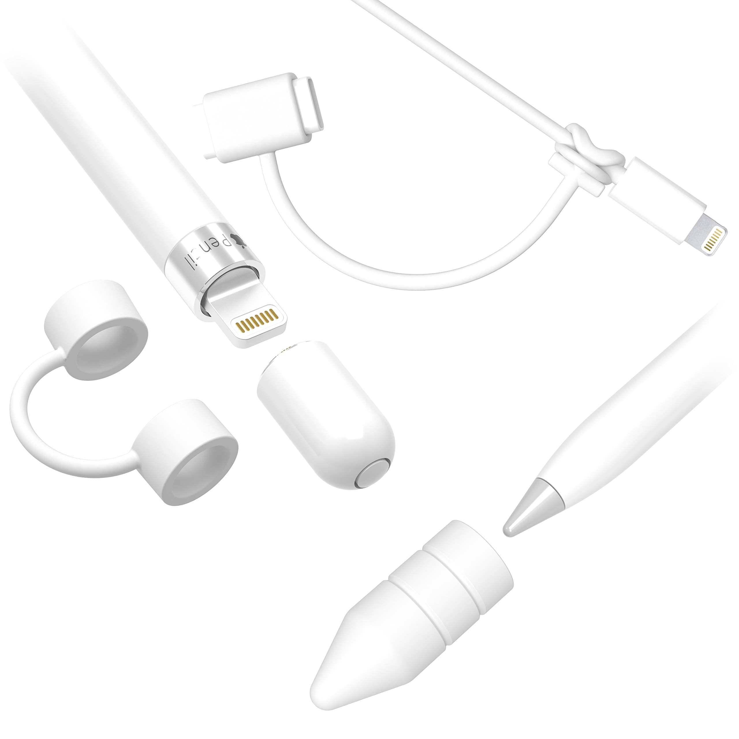 innoGadgets Apple Pencil All-Round 3-Set - [1] Protective cap compatibel with the Apple Pencil - [2] Holder for cap - [3] Holder for charging adapter | The perfect accessory - 3-part | In White