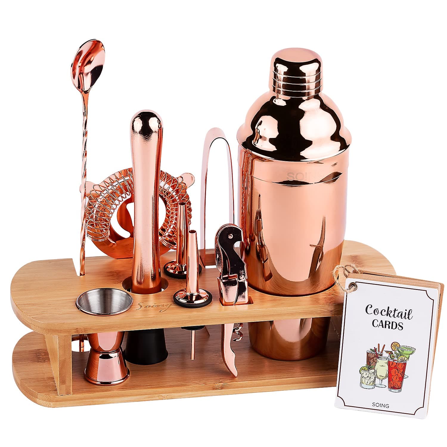 SOING Bartender Kit,11-Piece Bar Tools Set with Stylish Stand,Perfect Home Cocktail Shaker Set and Martini Set for Drink Mixing,Cocktail Recipes Cards (Copper)