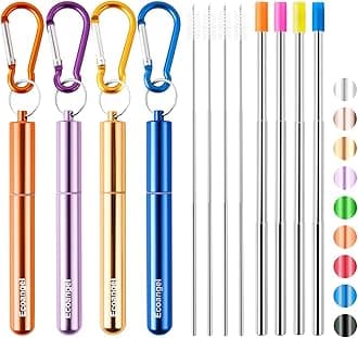 Ecoangel Cruise Ship Essentials,4-Pack reusable Collapsible Stainless Steel Drinking Straws with Aluminum Case,Cleaning Brush,and Keychains (Gold & purple & orange & blue)