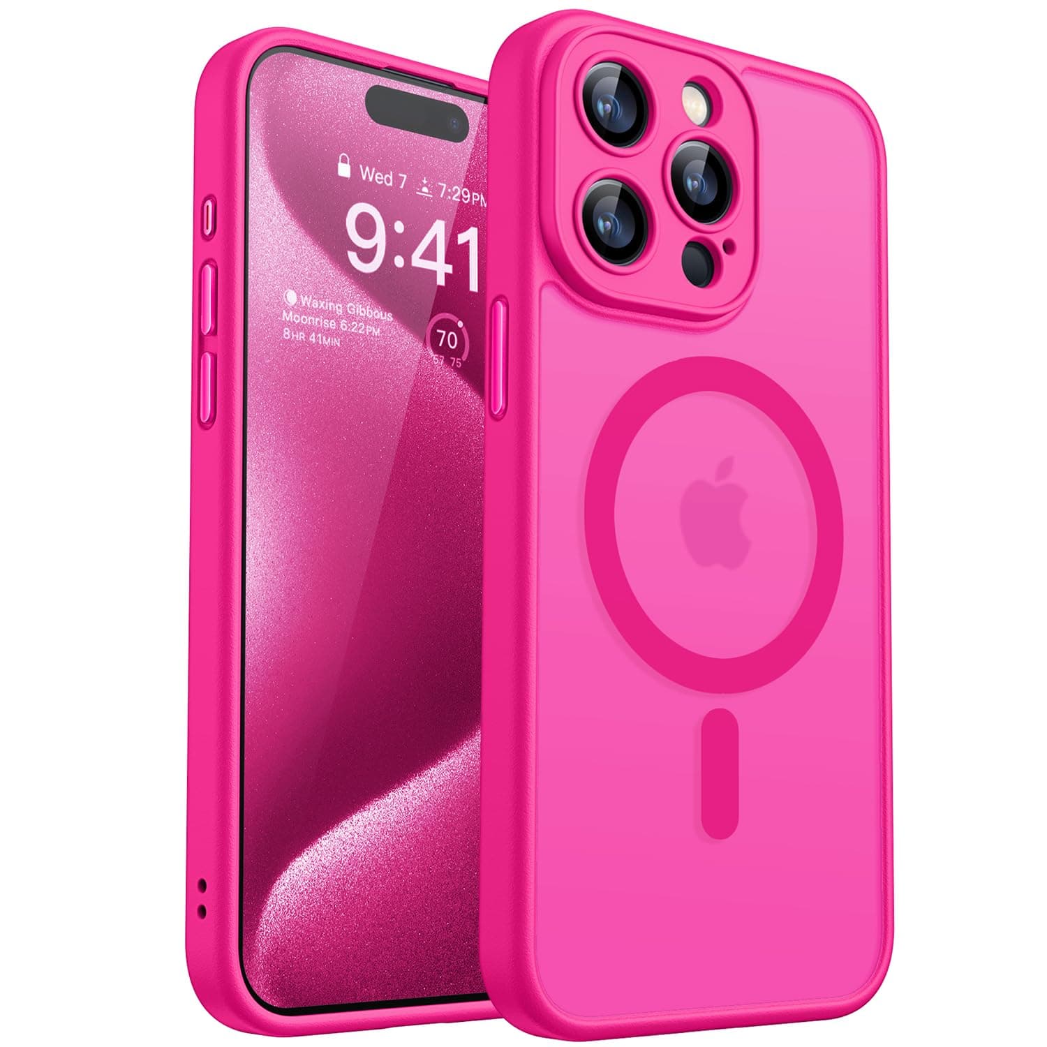 CANSHN Magnetic Compatible with iPhone 15 Pro Max Case, Upgraded [Full Camera Protection] [Compatible with Magsafe] [Translucent Matte] Shockproof Protective Phone Case Cover 6.7 Inch - Hot Pink