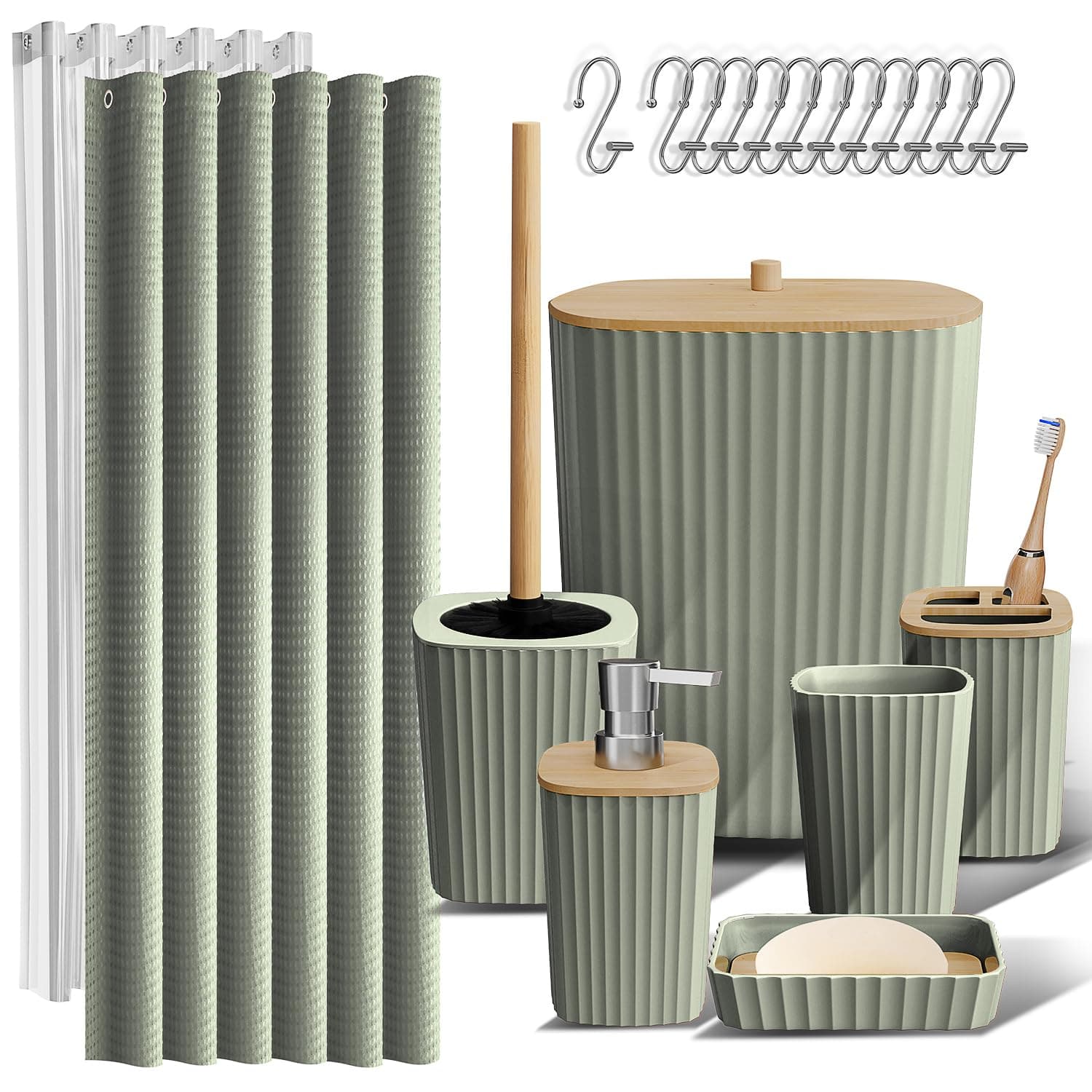 Clara Clark Bathroom Accessories Set - Bathroom Set, Bathroom Accessory Set, Shower Curtain Set, Toilet Brush, Trash Can & Soap Dispenser - Sage Green - 20PC