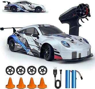 HTURCCOP RC Drift Car 2.4GHz 1:24 Scale 4WD High Speed Remote Control Cars Vehicle with LED Lights Two Batteries and Drifting Tires Racing Sport Toy Cars for Adults Boys Girls Kids
