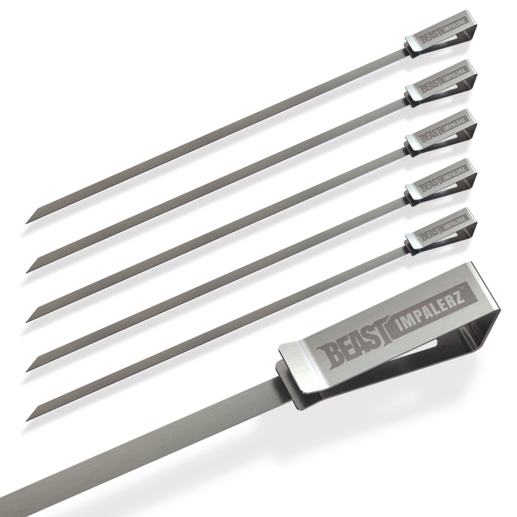 BBQ Skewers - 6 Reusable Flat Blade Stainless Steel with Sharp, Angled Points for Grilling Seafood, Vegetable, or Fruit Kebabs Grill Beast