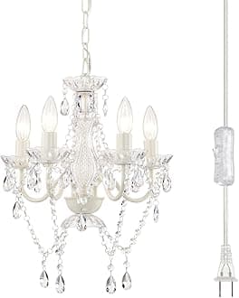 Alighting Plug in Chandeliers, 4-Light White Small Acrylic Crystal Hanging Ceiling Lamp with 20ft Cord, No Hardwire, White Chandeliers for Dining Room, Modern Bedroom, Nursery, Kitchen or Bathroom