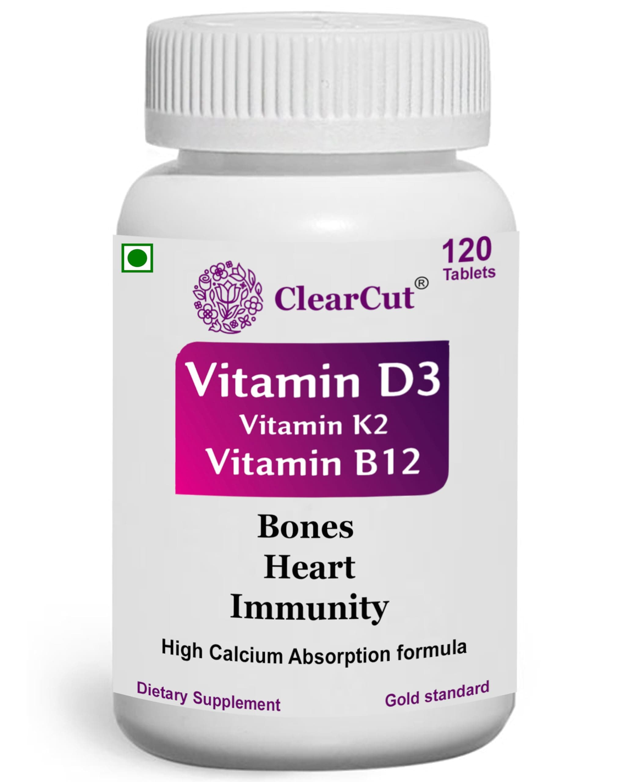 ClearCut Vitamin D3 K2 B12 Calcium tablet Joints bones Boosting Immunity supplement for men women 120