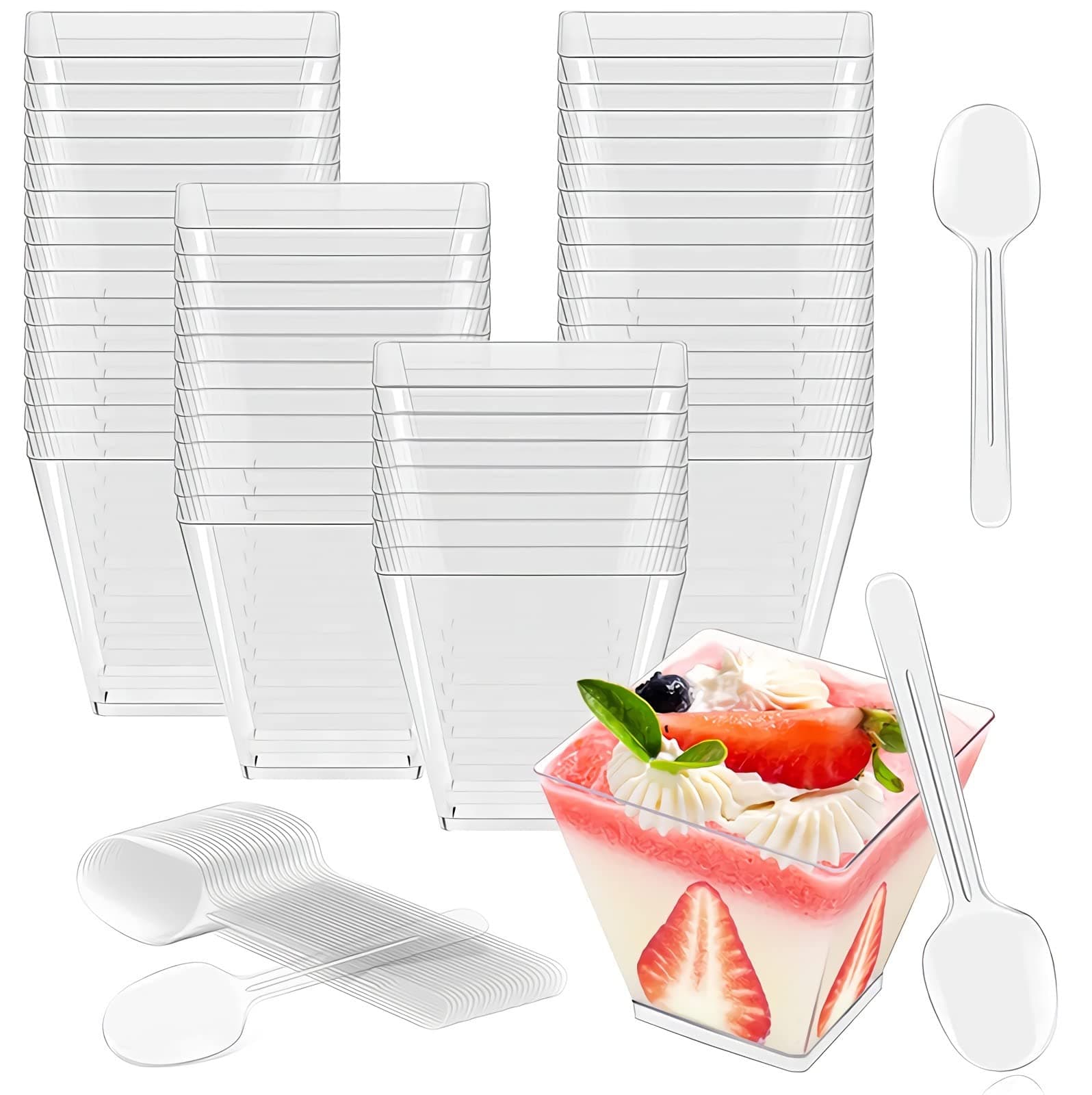 KASTWAVE Dessert cups, plastic cups, 2 oz / 60ml plastic dessert cups with 50 soup spoons, KASTWAVE reusable plastic dessert cups for Desserts, Appetizers, Puddings, Mousse, and More(50 Pack)