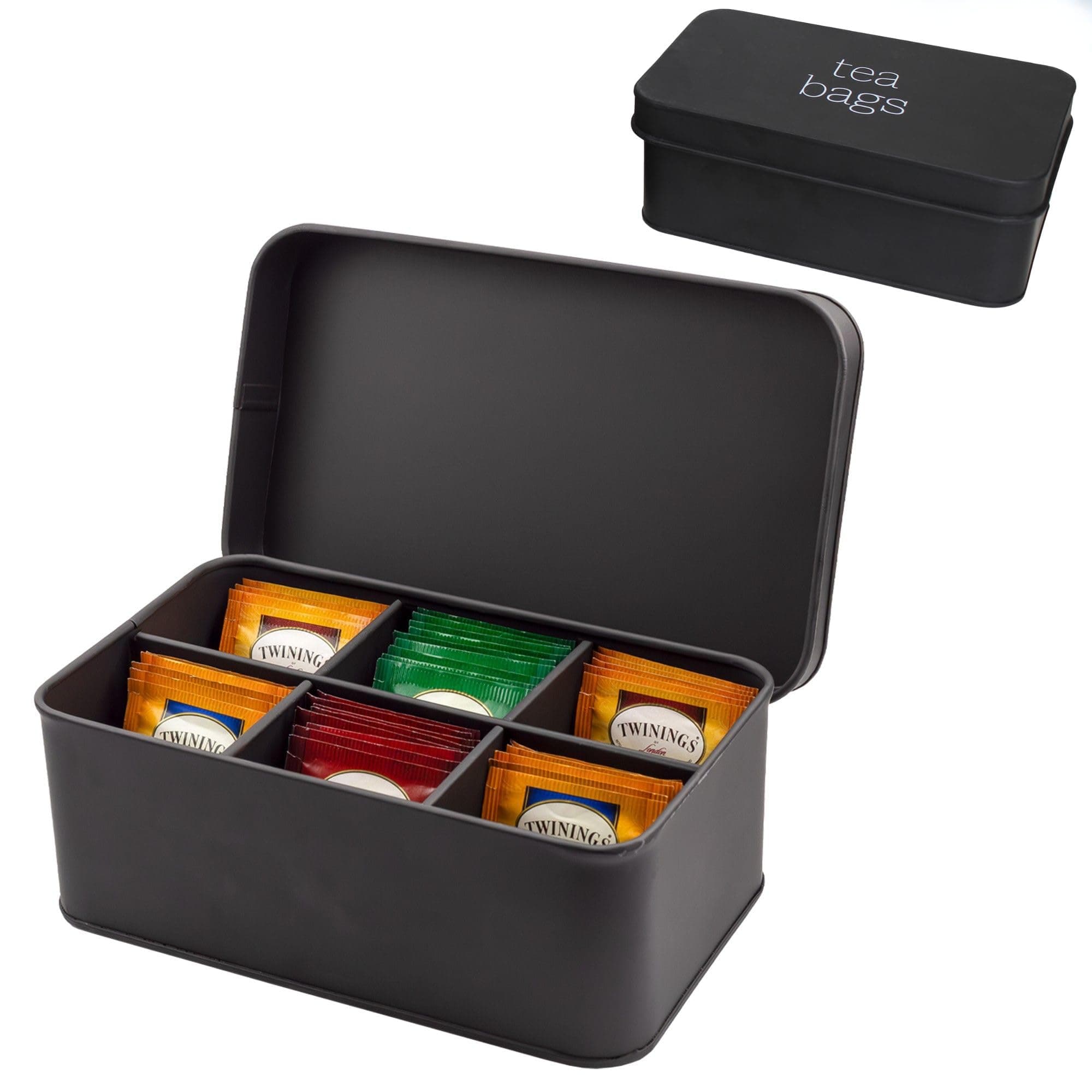 Enamelware Tea Bag Box (Black), Classic Sleek Style Tea Storage Tin