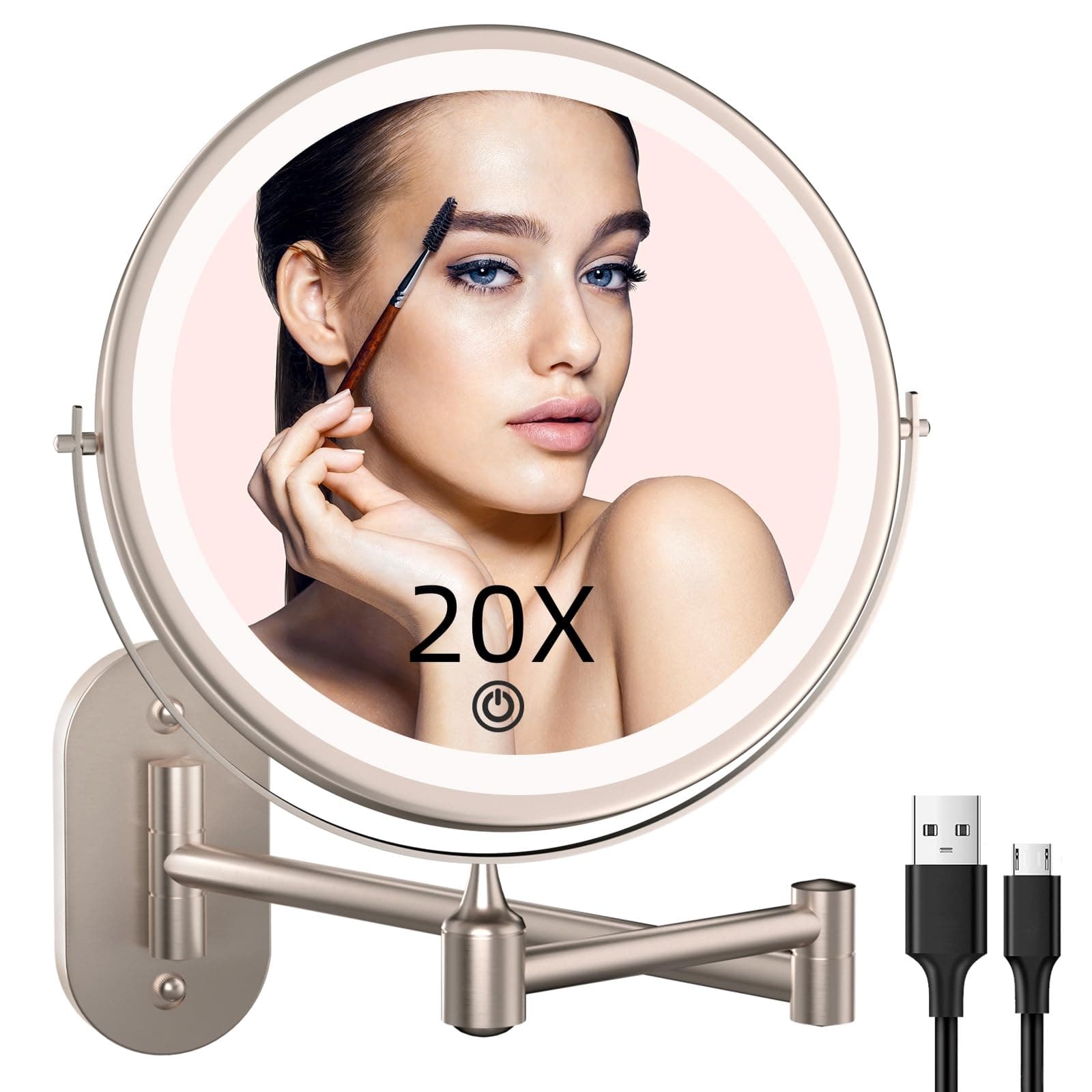 Rechargeable Wall Mounted Lighted Makeup Vanity Mirror 8 inch 1X/10X Magnifying Mirror with 3 Color Lights, Double Sided Bathroom Mirror with Dimmable LED Lights, Shaving Light up Mirror Brush Nickel