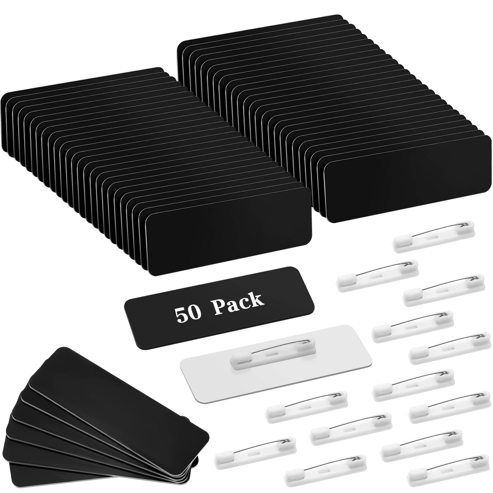 50 Pack Name Tag Blanks with Pin 1 x 3 Inch Plastic Name ID Badge Holders with Clips Round Corners Nametags Labels Printable Tags for DIY(Black, White)