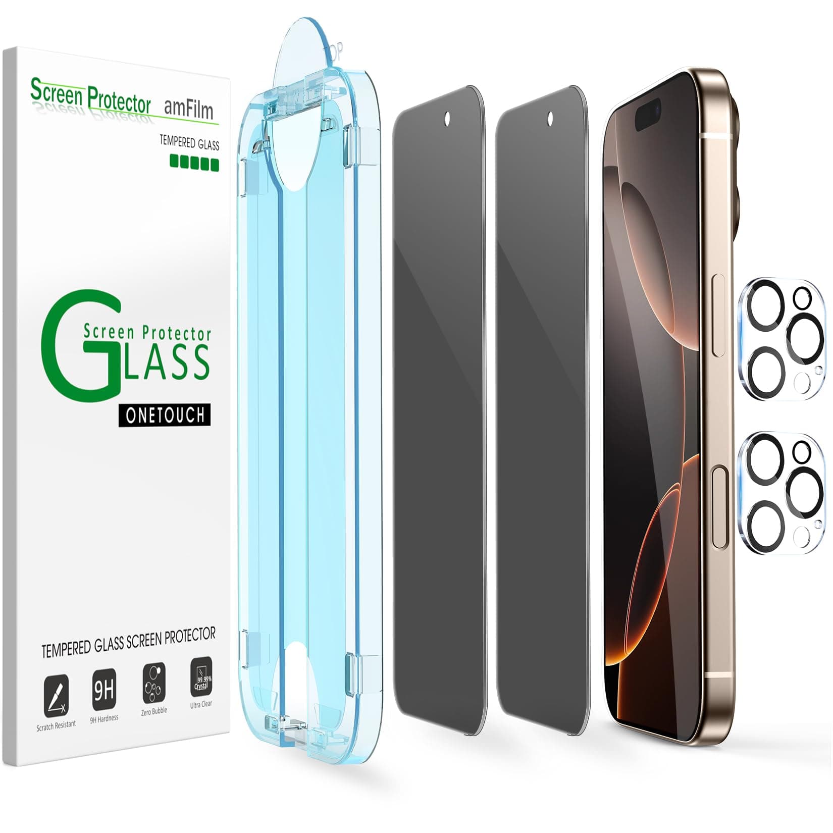 amFilm Auto-Alignment OneTouch for iPhone 16 Pro Max [6.9''] privacy Screen Protector,Tempered Glass, 30 seconds Installation, Bubble Free, Case Friendly, Anti-Scratch [2Pack]