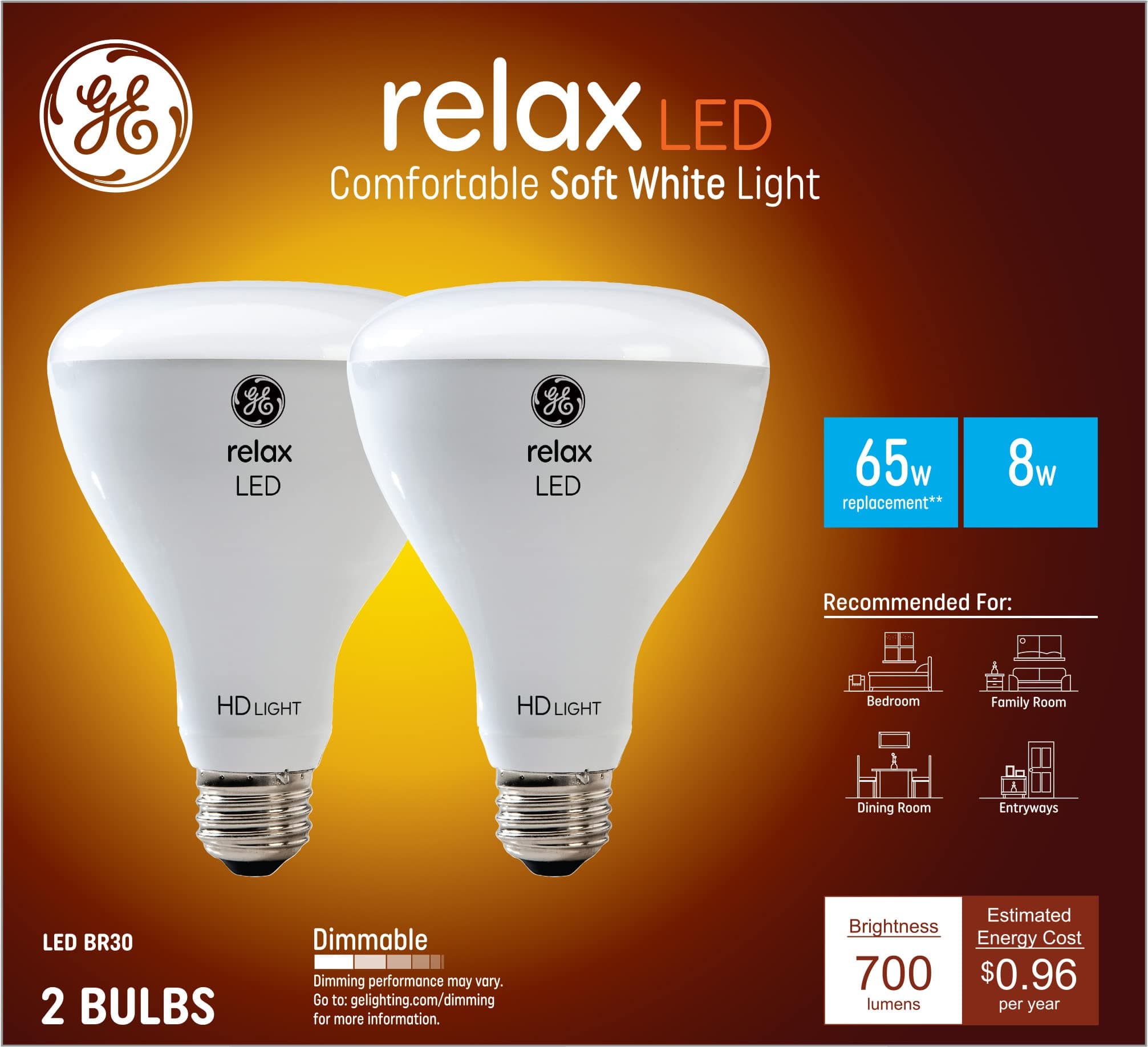 GE Lighting Relax LED Floodlight Bulb, 8 Watts (65 Watt Equivalent) Soft White HD Light, Medium Base, Dimmable (2 Pack)