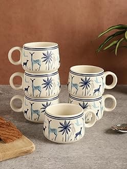 miah decorCeramic Matte Printed Tea Coffee Mug Set of 6 Studio PoteryDrinkware Microwave Safe Stoneware Cups for Home & Restaurant-190 ml-Multi Cream