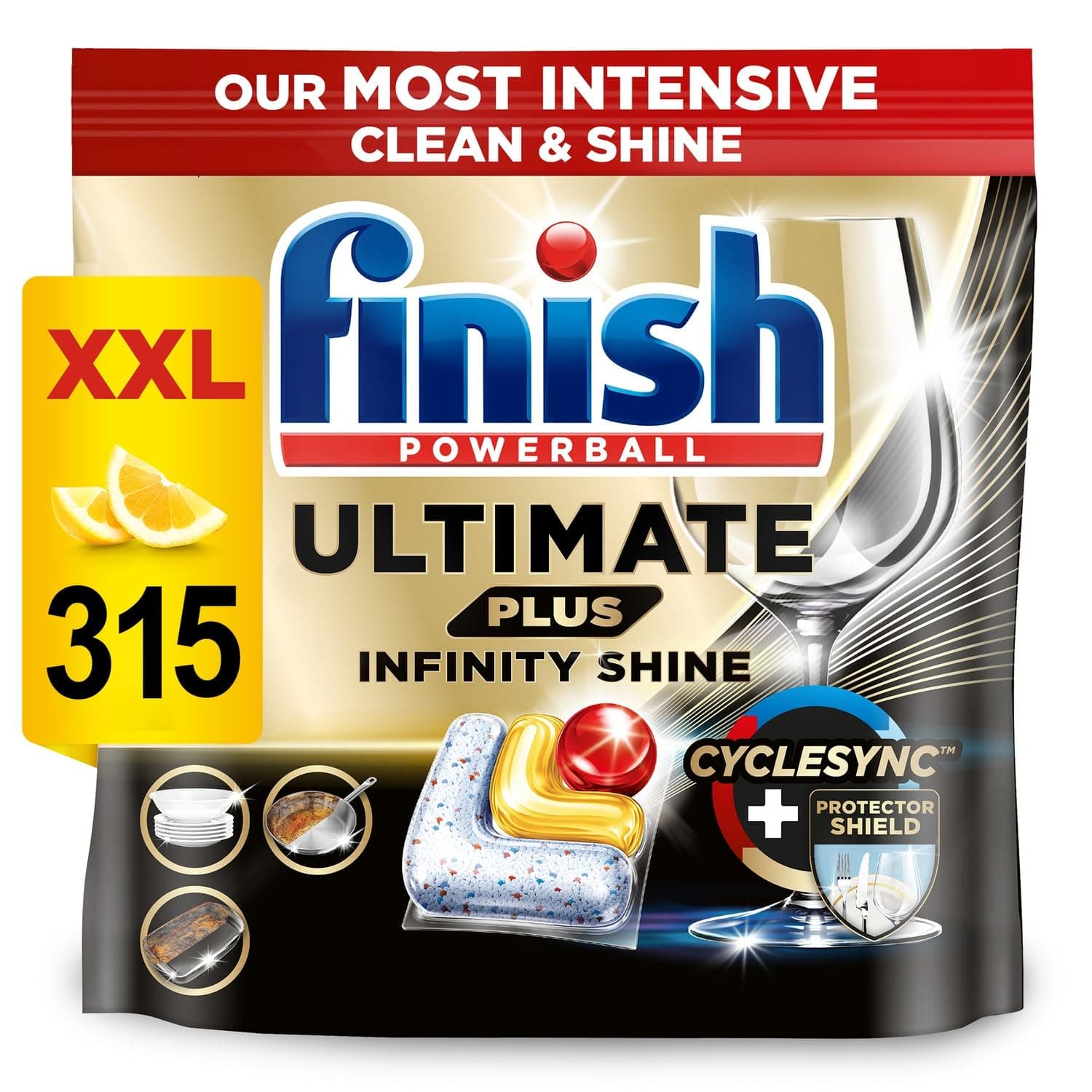 Finish Dishwasher Tablet, Ultimate Plus Infinity Shine, 315 Tabs (105 x 3pck), Lemon Sparkle, Tough on Grease, Our Most Intensive Clean & Shine, Effective for Short Eco Cycle