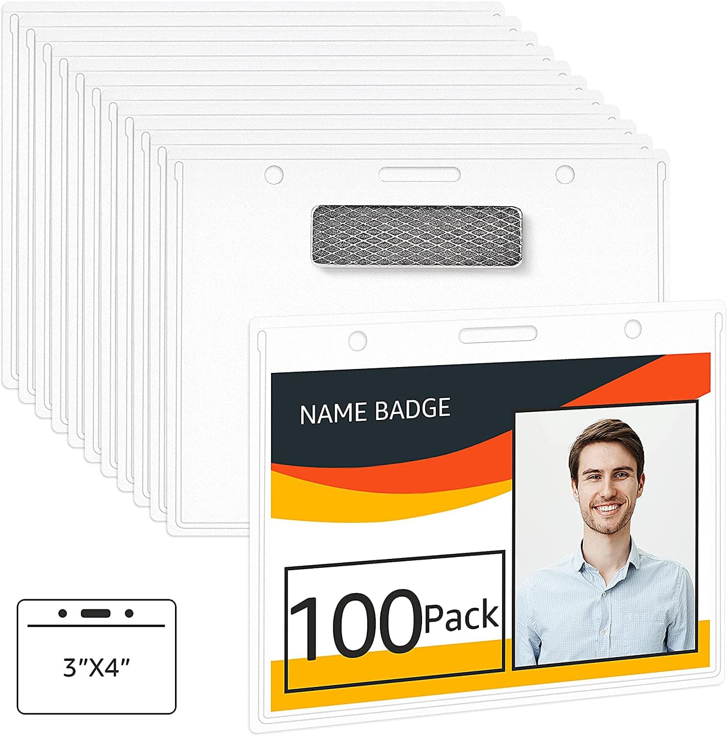 Amazon Basics Horizontal Magnetic Name Badge Holders, Clear, 100-Pack