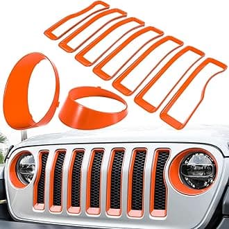 Front Grille Mesh Inserts & Headlight Cover for Jeep Wrangler JL JLU Unlimited Sport/Sports 2018-2023 Exterior Accessories Clip-in Grille Guard Cover Headlight Bezels Trim Ring (Orange 9PCS)