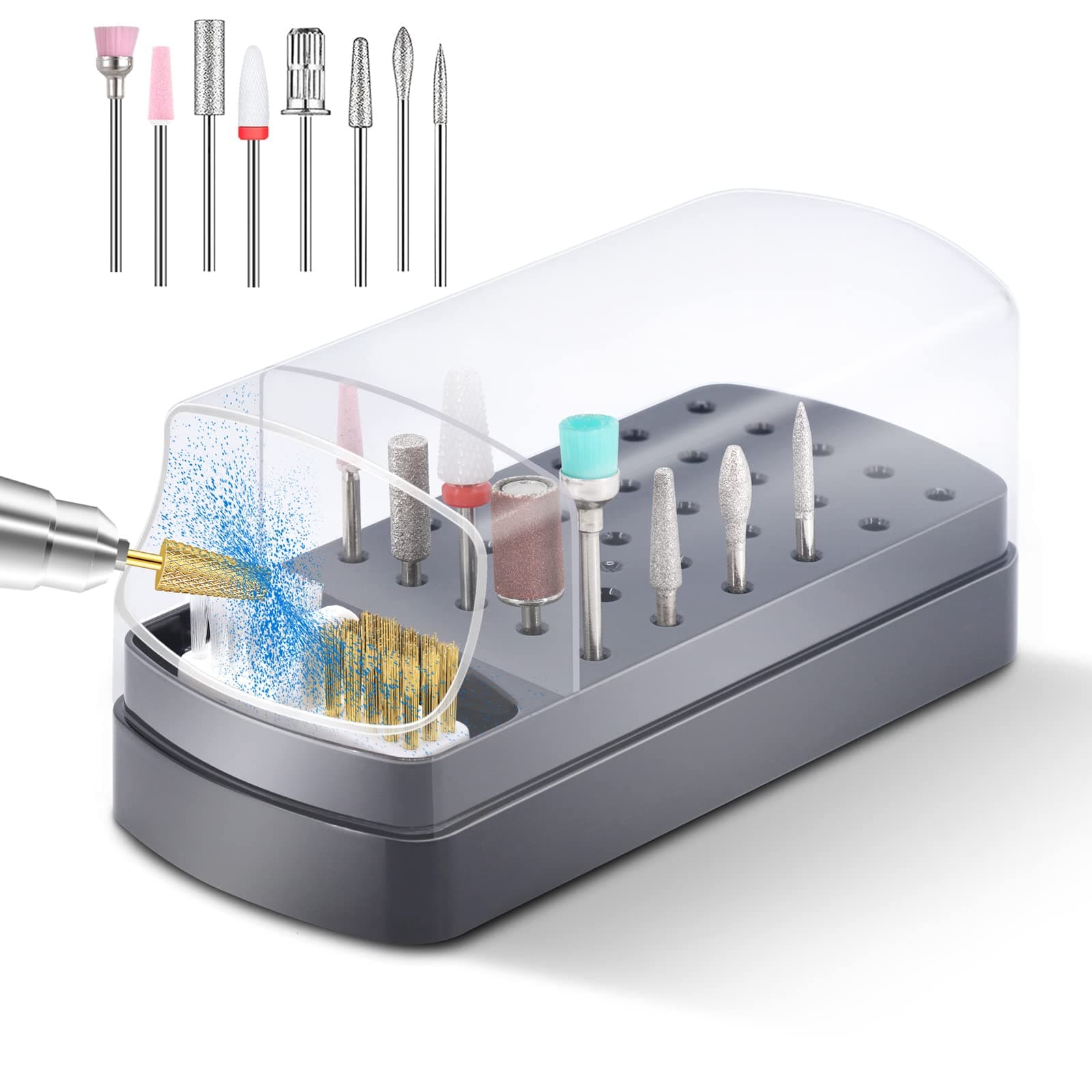30 Holes Nail Drill Bits Holder and Nail Drill Bits Cleanser, Comes with 8 pcs Nail Drill Bits, Manicure Tools for Nail Salon, Home Use - Black