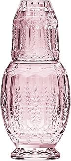 Elle Décor Vintage Bedside Water Carafe With Tumbler – Elegant Pitcher and Matching Drinking Glass Doubles As Lid For Guest Room, Office-Makes A Gift, 4.7x10.4, Pink