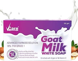 VCare Goat Milk Soap For Women & Men with Vitamin C Argan Oil for Deep Exfoliation and provides hydration | Sulfate & Paraben Free Bathing Soap Bar - 125 gm