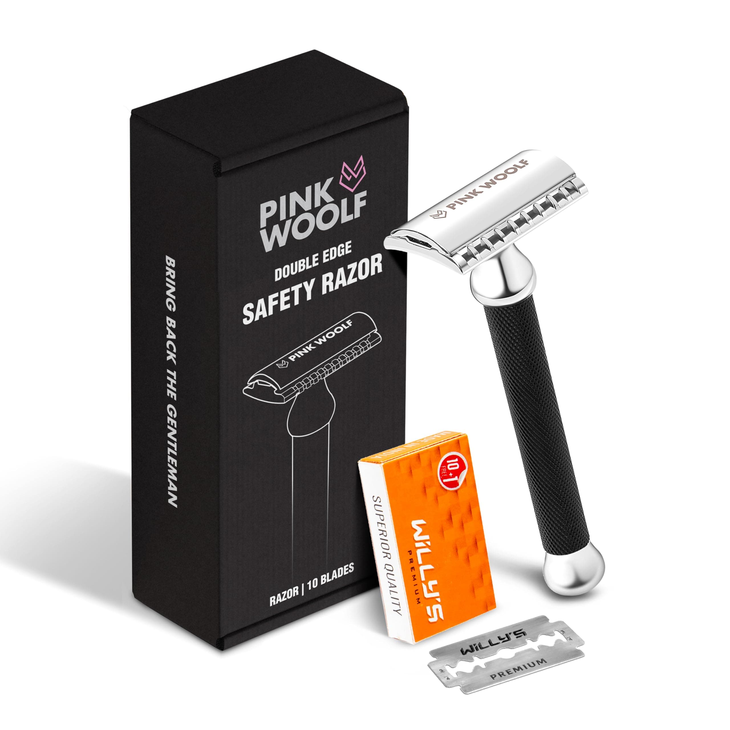 Pink Woolf Men Double Edge Safety Razor OPEN COMB OC70, Diamond Knurled Handle For Wet Shaving And A Real Close Shave, Good For Experienced Shavers, Pack Of 1 (BLACK)