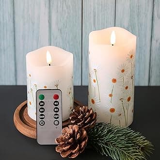 Eywamage White Floral Flameless Pillar Candles with Remote, Flickering Spring Daisy Battery LED Candles Set of 2