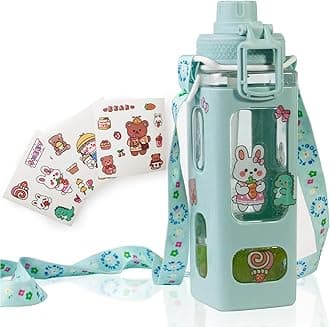 Kawaii Water Bottle for Kids Cute Water Bottles with Straw Portable Square Drinking Bottle, Leakproof Water Jug for Girls, 24 oz (Green-700ml)
