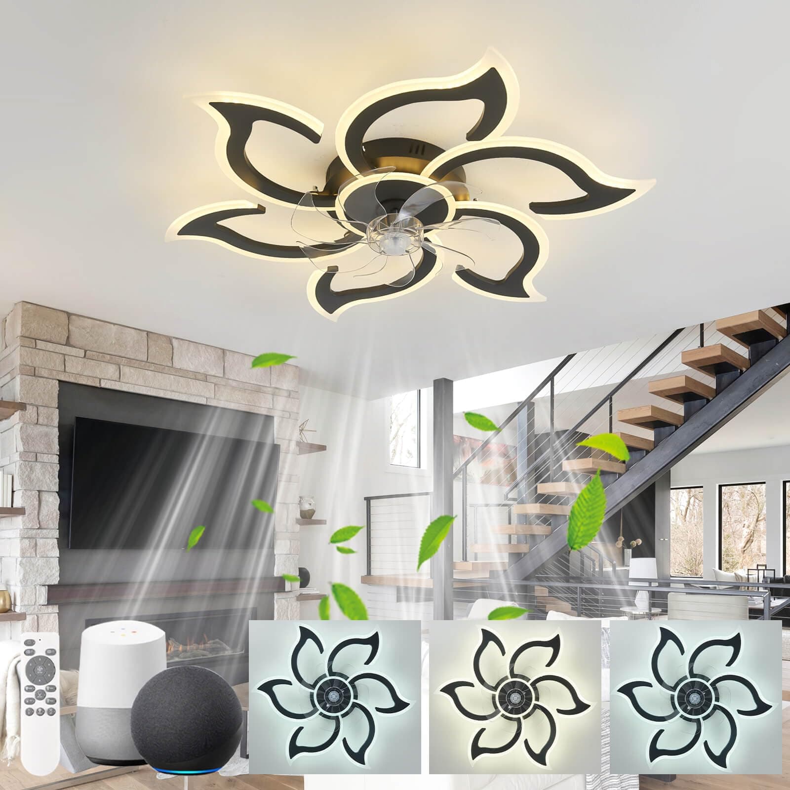 Ceiling Fan with Light Compatible with Alexa and Google Assistant, 88cm Fan Lights for Living Room Ceiling, Dimmable Mute Timer Reversible Flower Ceiling Fan for Bedroom, Black