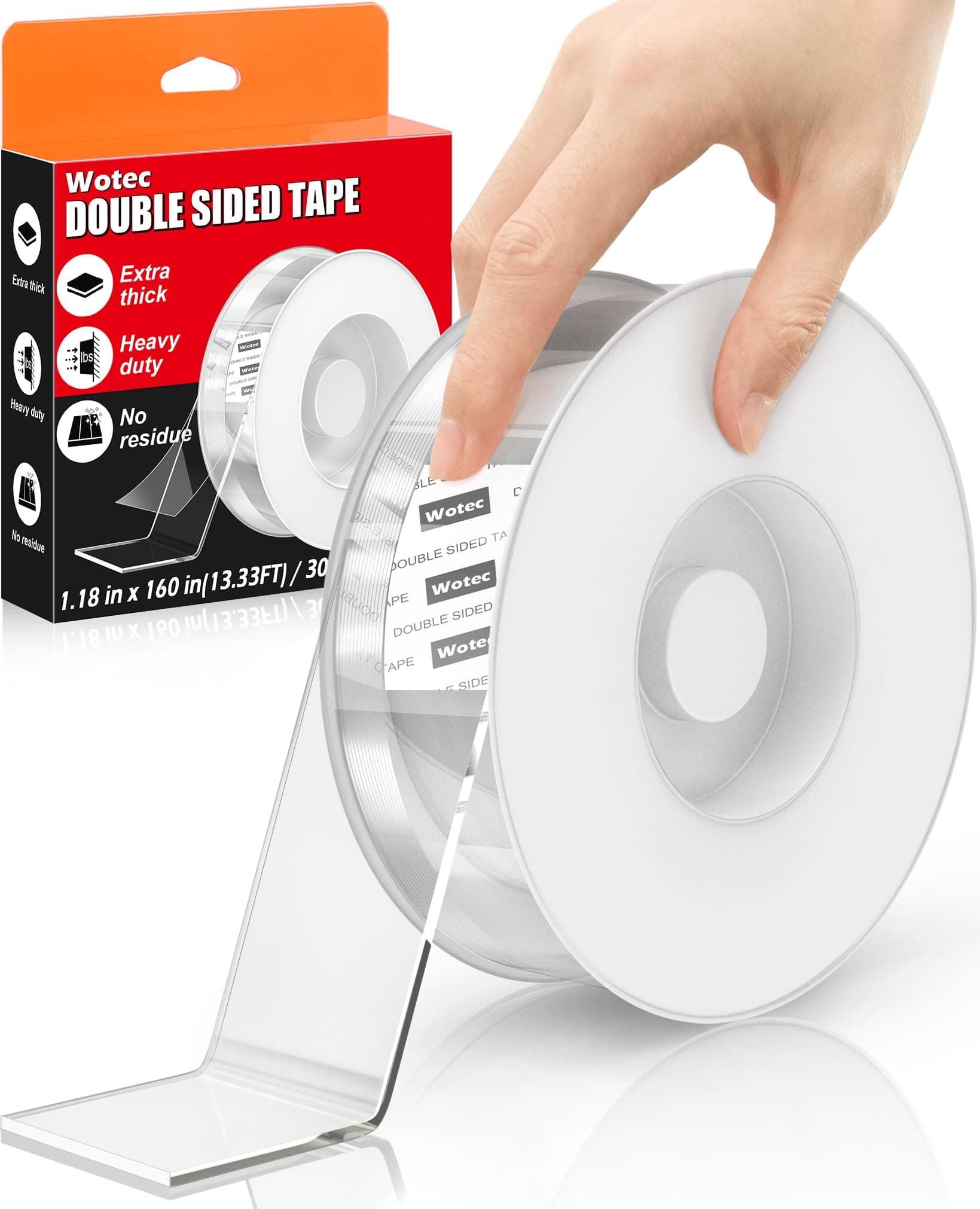 Wotec Extra Large Double Sided Tape Heavy Duty Removable 1.18 Inch x 160 Inch, Clear & Tough Nano Tape, Multipurpose Mounting Tape Picture Hanging Strips Adhesive for Poster Carpet