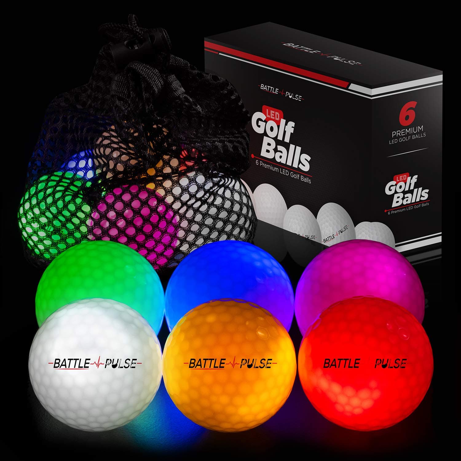 6-Pack LED Glow Golf Balls - Red, Blue, Orange, White, Pink, Green - 300-Hour Glow Time - Water Resistant - 3-Layer Design