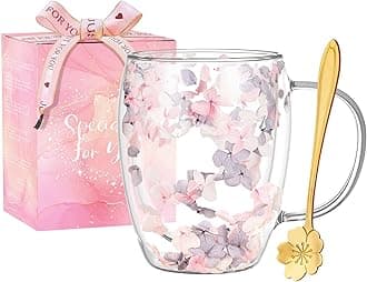 Arefen Gifts for Women Dried Flowers Double Wall Glass Coffee Mugs Cute Glass Tea Cups with Handles Christmas Birthday Gifts for Best Friend Teacher Mum Gifts Ideas Autumn Mug Home Decor(Grey+Pink)
