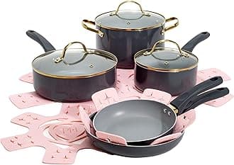 Paris Hilton Epic Nonstick Pots and Pans Set, Multi-Layer Coating, Tempered Glass Lids, Soft Touch, Stay Cool Handles, Made Without PFOA, Dishwasher Safe Cookware 12-Piece, Charcoal Gray