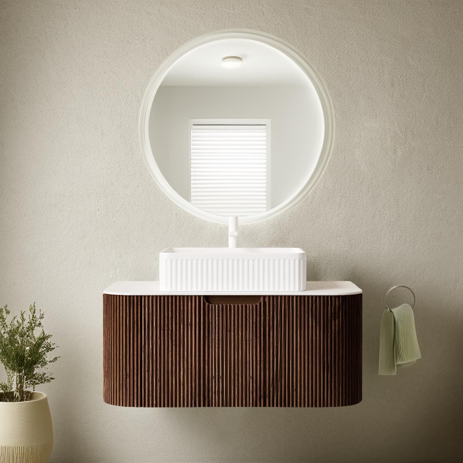 36'' Floating Bathroom Vanity with Sink, Natural Solid Wood Modern Bathroom Vanities with Rectangular Ceramic Basin and Marble Top, Soft-Close Large Drawer, Pre-Assembled Cabinet, Walnut