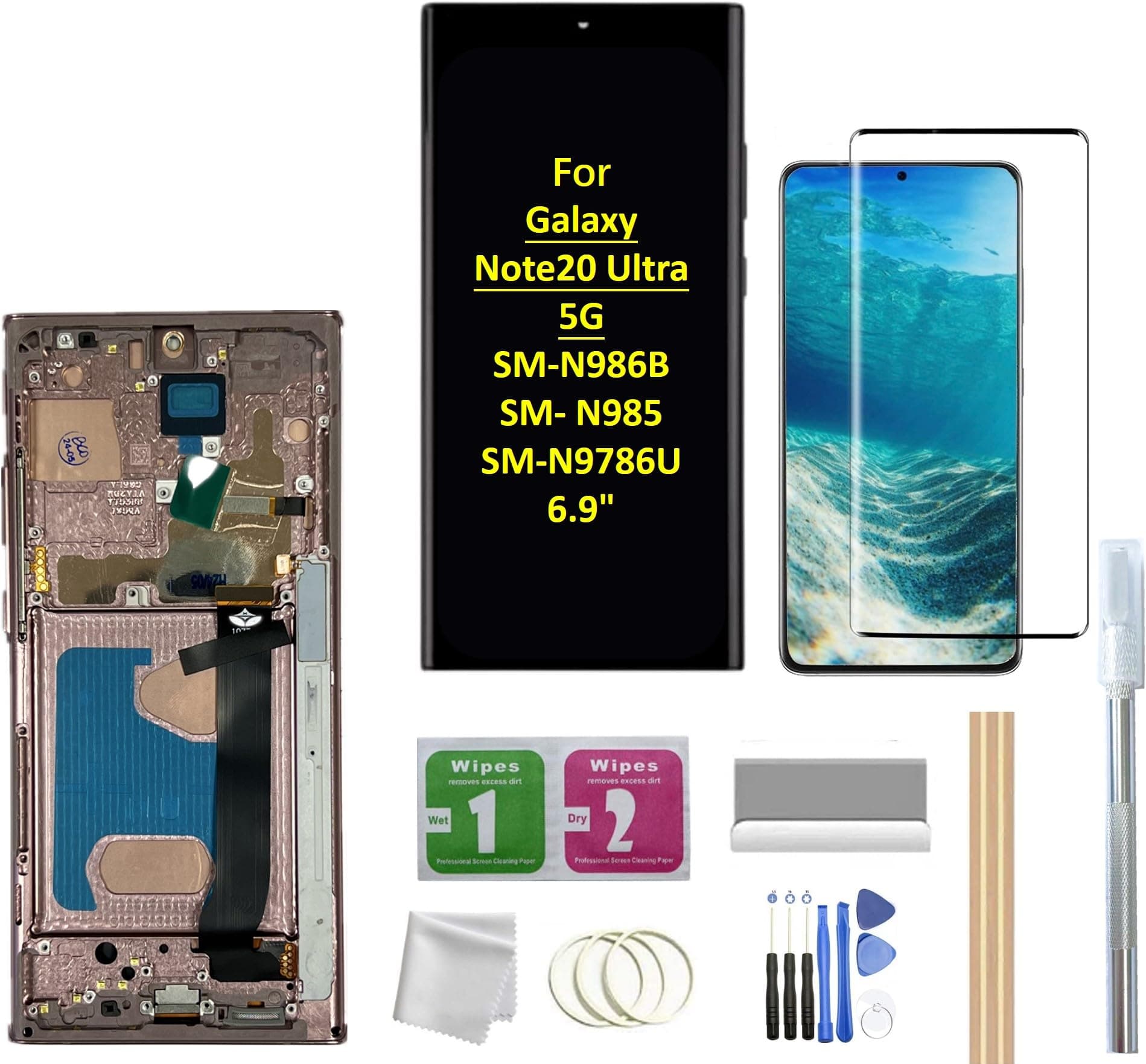 for Glaxy Note20 Ultra LCD Screen with Frame Replacement for Samsung Galaxy Note20 Ultra 5G SM-N986B SM-N985 SM-N986U 6.9" LCD Screen Display Touch Digitizer with Frame+Tool ((Bronze))