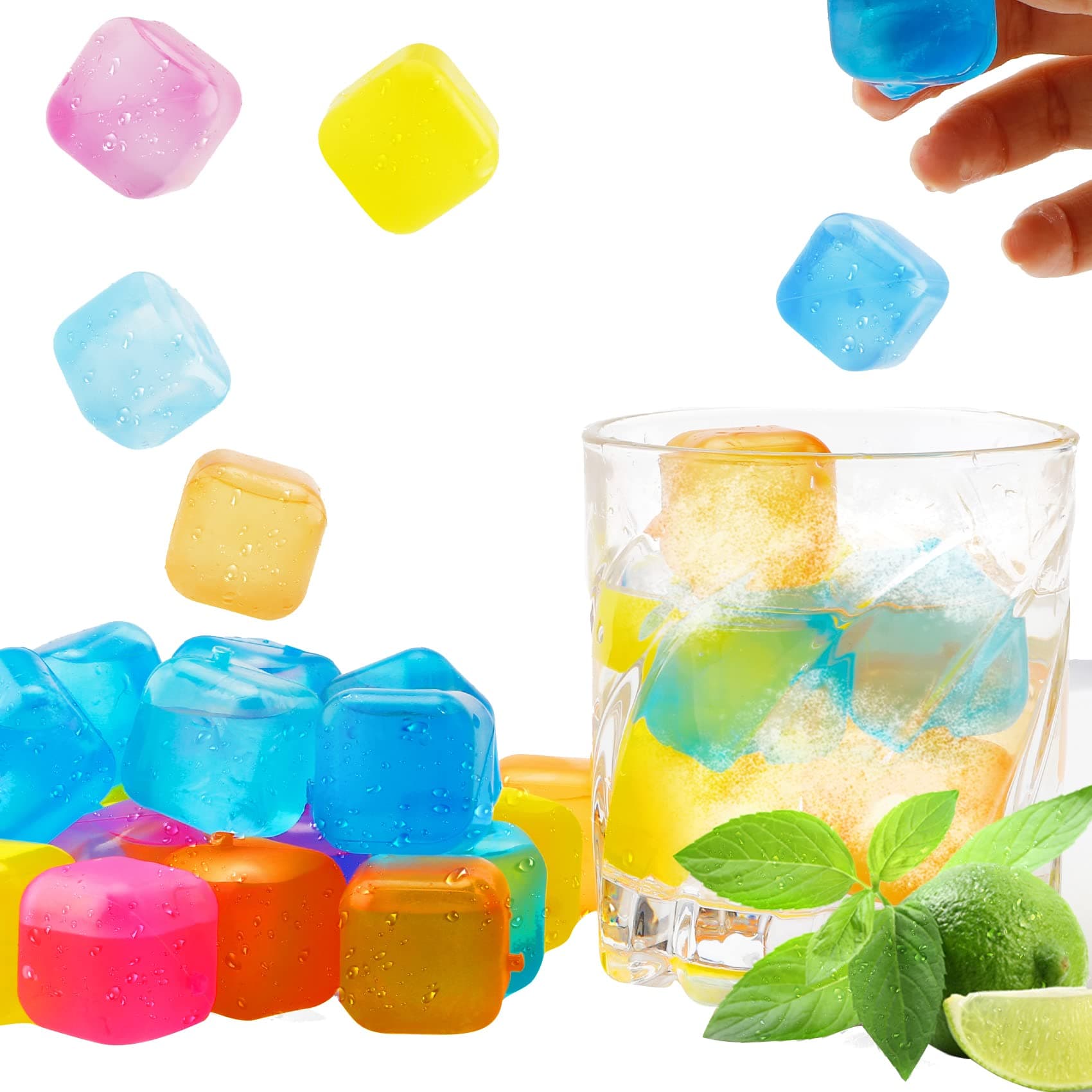 Reusable Ice Cubes for Drinks Square Plastic Ice Cubes 20 Pack Freeze Drinks Without Diluting, Easy to Use, Washable Non-Melting Fake Ice Cube for Coffee, Wine, Whiskey, Cocktails, Colorful