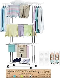 LIVINGBASICS 4 Shoe Drying Shelves with 3 Layer Clothes Stand for Drying/Cloth Drying Stand/Cloth Stand for Drying Clothes/Cloth Drying Stand for Balcony/Stainless Steel Dryer Rack (Snow White)