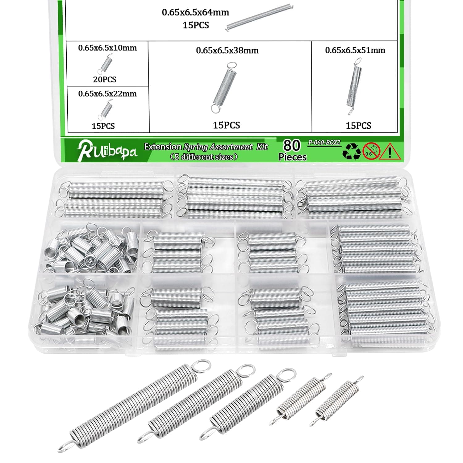 80 PCS Extension Spring Assortment Kit 5 Different Sizes, 0.025" Wire Diameter, 1/4" Outside Diameter, 13/32" to 2-1/2" Length,Zinc Plated Extension Springs for Home Repairs & DIY