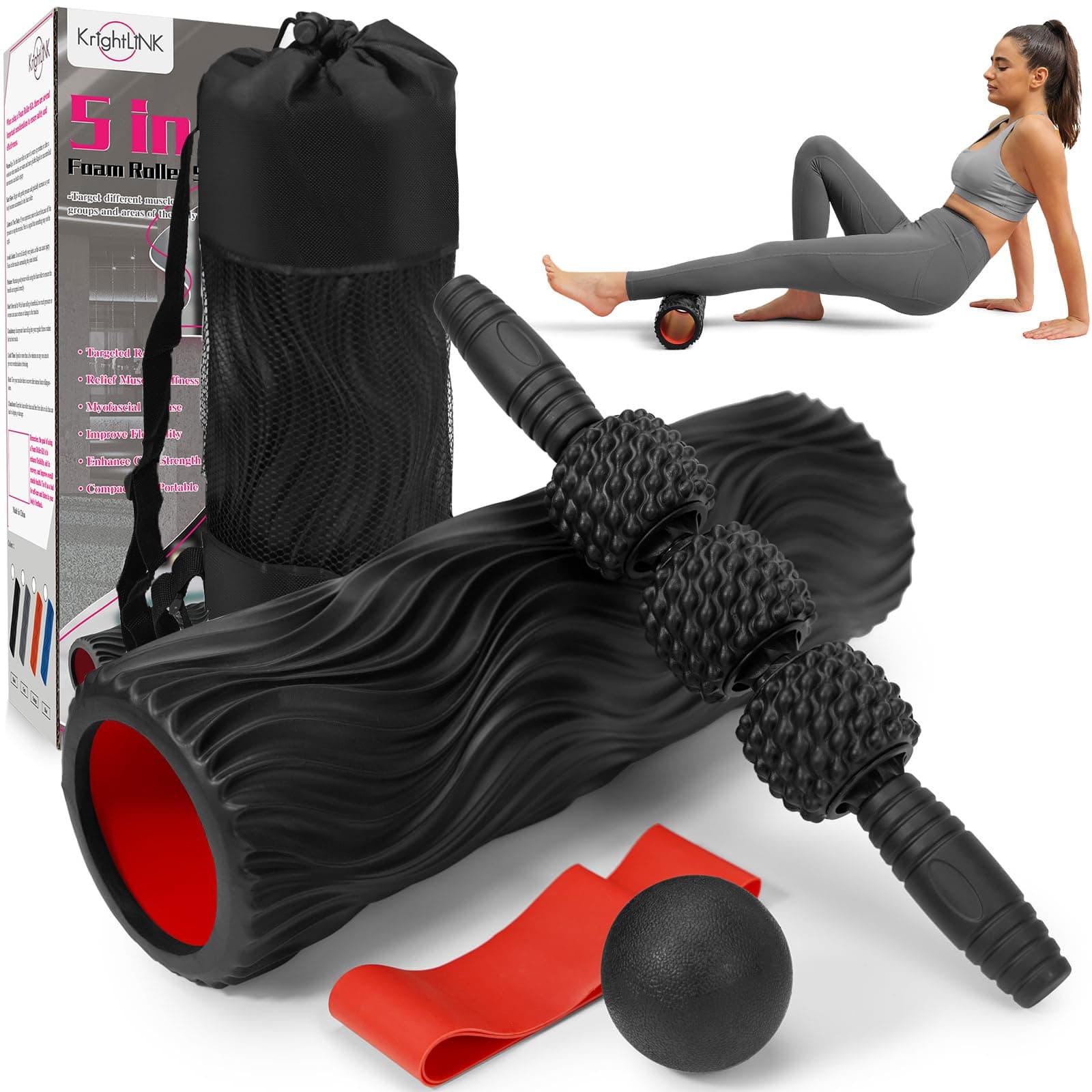 5-in-1 Foam Roller Set, Massage Roller Stick, Massage Ball, Resistance Band for Deep Muscle Massage, Trigger Point Release, Pilates, Yoga (Black-Wave)