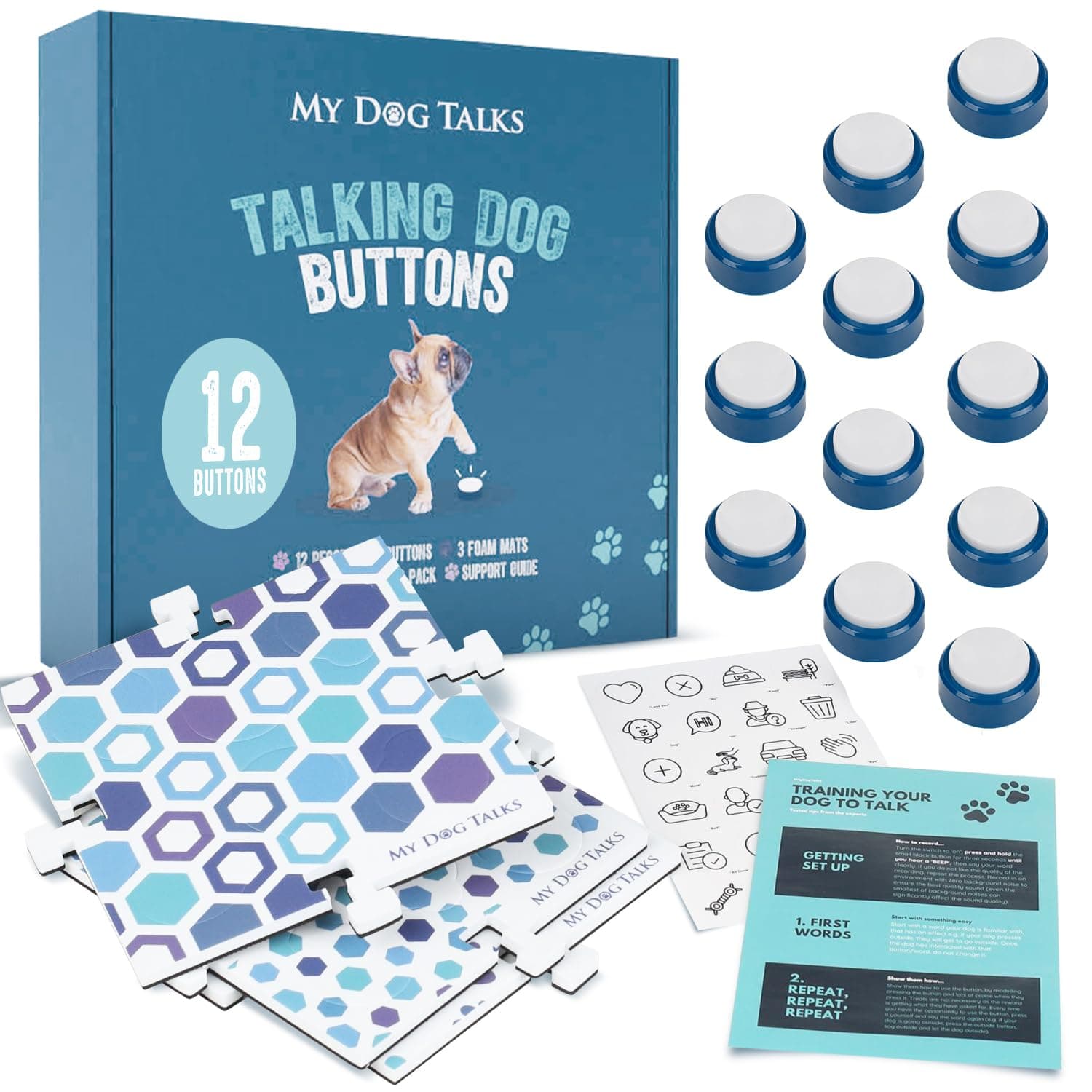 My Dog Talks and Cat Communication Training Buttons | Train Your to | Recordable Buttons for Pet Communication | ing Button Set (12 Buttons | 3 mats | 24 Stickers)