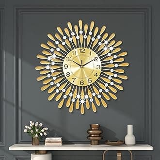 Large Wall Clocks for Living Room Big Modern Wall Clock Silent Battery Operated Non-Ticking for Bedroom Office Kitchen Home 24 Inch Metal Crystal Home Decorative Mid Century Gold Clock